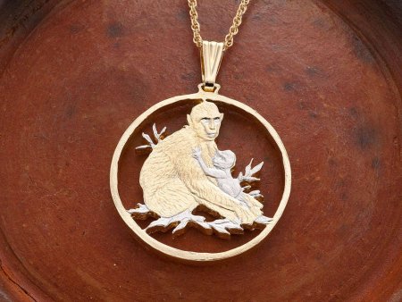 Mother and Baby Monkey Pendant, Hand Cut African Wild Life Coin, African Wild Life Jewelry, 1 1/4" in Diameter, ( #R 946 )