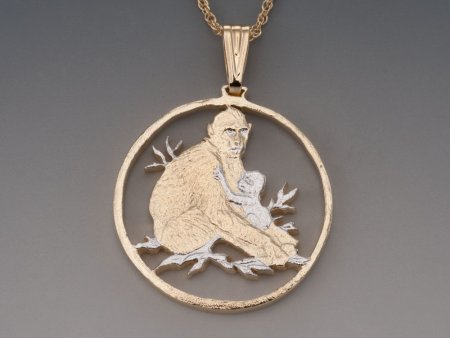Mother and Baby Monkey Pendant, Hand Cut African Wild Life Coin, African Wild Life Jewelry, 1 1/4" in Diameter, ( #R 946 )