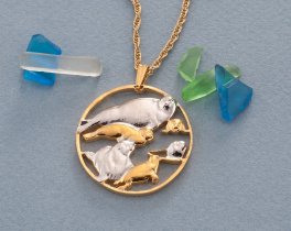 Mother and Baby Seals Pendant and Necklace, Hand Cut Sea life Medallion, 14 Karat Gold and Rhodium Plated,1 1/8" in Diameter ( #R 841 )