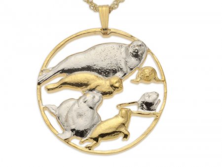 Mother and Baby Seals Pendant and Necklace, Hand Cut Sea life Medallion, 14 Karat Gold and Rhodium Plated,1 1/8" in Diameter ( #R 841 )