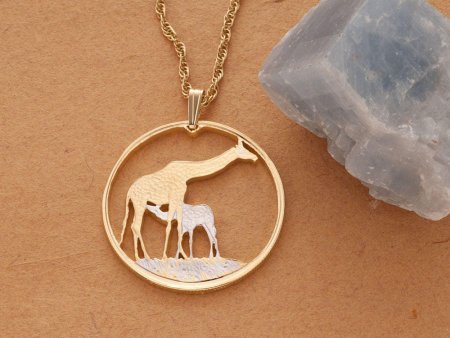 Mother Giraffe and Baby Pendant and Necklace,Zambia Giraffe Coin Hand Cut,14 Karat Gold and Rhodium Plated, 1 3/8" in Diameter (# R 883 )