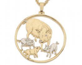 Mother Pig and Babies Pendant and Necklace, Isle Of Man Coin Hand Cut, 14 Karat Gold and Rhodium Plated, 1 1/4" in Diameter( #R 469 )