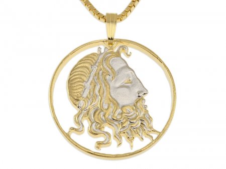 Neptune Pendant and Necklace, Greek 20 Draxmai Neptune Coin Hand Cut, 14 Karat Gold and Rhodium plated, 1 1/4" in Diameter, ( #X 147 )