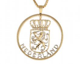 Netherland Pendant and Necklace, Netherland 2 1/2 Gulider coin Hand Cut, 14 Karat Gold and Rhodium plated, 1 1/4 " In diameter, ( #X 235 )