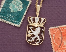 Netherlands Pendant and Necklace Jewelry, Netherlands 21/2 Guilder coin Hand cut,14 K Gold and Rhodium plated, 7/8" in Diameter (#R 235B )