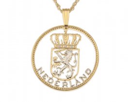 Netherlands Pendant and Necklace, Netherlands One Guilder Coin Hand cut, 14 Karat Gold and Rhodium plated, 7/8" in Diameter, ( #R 236 )