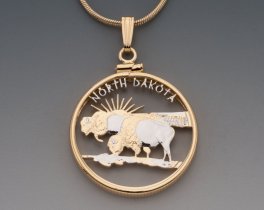 North Dakota State Quarter Pendant, Hand Cut United States North Dakota Quarter, 14 K Gold and Rhodium Plated, 1" In Diameter, ( #K 2039 )