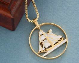 Norwegian Sail Boat Pendant and Necklace, Hand Cut Norway Five Kroner, Nautical Jewelry, Sailboat Jewelry, 1 1/4 " in Diameter, ( #X 246 )