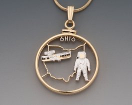 Ohio State Quarter Pendant, Hand Cut United States Ohio State Quarter, 14 Karat Gold and Rhodium Plated, 1" in Diameter, ( #K 2017 )
