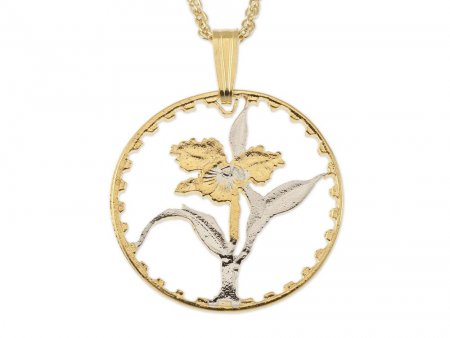 Orchid Pendant and Necklace, Taiwan Coin Hand Cut, 14 Karat Gold and Rhodium Plated, .80 " in Diameter, ( # R74 )