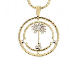 Palm Tre Pendant and Necklace, British West Africa Coin Hand Cut, 14 K Gold and Rhodium plated, 7/8" in Diameter, ( #K 42 )