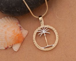 Palm Tree Pendant and Necklace, Domimican Repuplic coin Hand Cut, 1" in Diameter, ( # K859 )