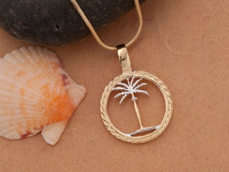 Palm Tree Pendant and Necklace, Domimican Repuplic coin Hand Cut, 1" in Diameter, ( # K859 )
