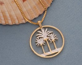 Palm Tree Pendant and Necklace, Iraq Palm Tree Coin Hand Cut, 14 Karat Gold and Rhodium Plated, 1 1/8" in Diameter, ( #X 844 )