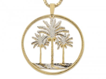Palm Tree Pendant and Necklace, Iraq Palm Tree Coin Hand Cut, 14 Karat Gold and Rhodium Plated, 1 1/8" in Diameter, ( #X 844 )