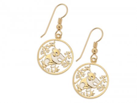 Panda Bear Earrings, Chinese Panda Series coin Hand Cut, 14K Gold Filled Wires, 5/8" in Diameter, ( # 364E )