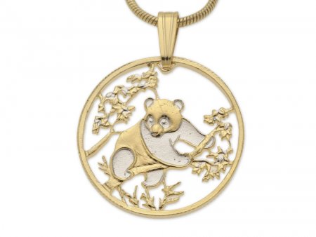 Panda Bear Pendant and Necklace, Chinese Panda Bear coin Hand Cut, 14 K Gold and Rhodium plated, 7/8" in Diameter, ( #K 365 )