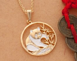 Panda Bear Pendant and Necklace, Chinese Panda Bear Coin Hand Cut, 14 Karat Gold and Rhodium plated, 3/4" in Diameter, ( #R 67 )