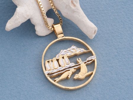 Penguins and Seals Pendant and Necklace, Isle Of Man Coin Hand Cut, 14 Karat  Gold and Rhodium plated, 1 1/8 " In Diameter, ( #X 641 )