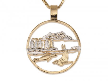 Penguins and Seals Pendant and Necklace, Isle Of Man Coin Hand Cut, 14 Karat  Gold and Rhodium plated, 1 1/8 " In Diameter, ( #X 641 )