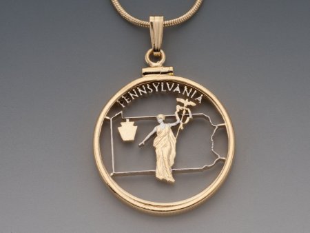Pennsylvania State Quarter Pendant, Hand Cut Pennsylvania Quarter, 14 Karat Gold and Rhodium Plated, 1" in Diameter, ( #K2002 )