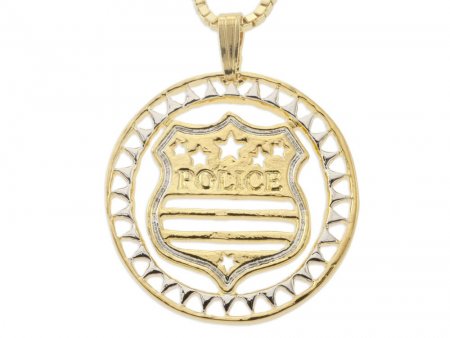 Police Badge Pendant and Necklace, Hand Cut Police Medallion, 14 Karat Gold and Rhodium Plated, 1 1/8" in Diameter, ( #X 806 )
