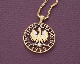 Polish Eagle Pendant and Necklace, Poland One Zloty coin hand cut, 14 Karat Gold and Rhodium plated, 7/8" in Diameter, ( #X 257 )