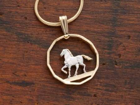 Prancing Horse pendant and Necklace, Uruguay 10 Cents Coin Hand Cut, 14 Karat Gold and Rhodium plated, 3/4" in Diameter, ( #K 300 )