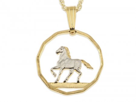 Prancing Horse pendant and Necklace, Uruguay 10 Cents Coin Hand Cut, 14 Karat Gold and Rhodium plated, 3/4" in Diameter, ( #K 300 )