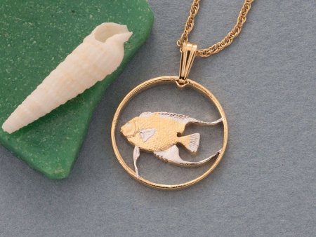 Queen Anglefish Pendant and Necklace Jewelry, Bermuda Coin Hand Cut, 14 Karat Gold and Rhodium Plated, 3/4 " in Diameter ( #R 36 )