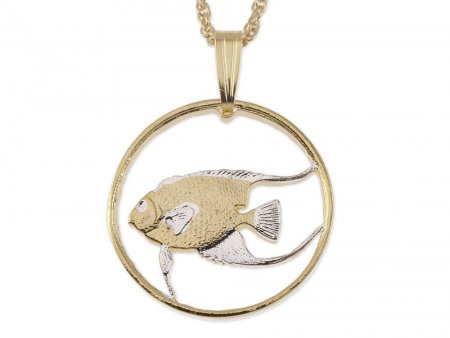 Queen Anglefish Pendant and Necklace Jewelry, Bermuda Coin Hand Cut, 14 Karat Gold and Rhodium Plated, 3/4 " in Diameter ( #R 36 )