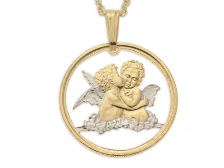 Religious Angels Pendant and Necklace, Gibraltar Angel Coin Hand Cut, 14 Karat Gold and Rhodium plated, 3/4" in Diameter, ( #R 635 )