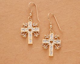 Religious Cross Earrings, Hand Cut Cross Medallions, 14 Karat Gold and Rhodium plated, 14 K G/F Ear Wires, 1" in Diameter, ( # 875BE )