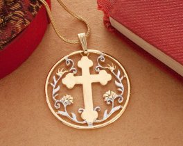 Religious Cross Pendant and Necklace, Cross Medallion Hand Cut, 14 Karat Gold and Rhodium Plated, 1 1/8 " in Diameter, ( # K778 )
