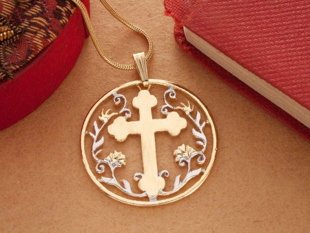 Religious Cross Pendant and Necklace, Cross Medallion Hand Cut, 14 Karat Gold and Rhodium Plated, 1 1/8 " in Diameter, ( # K778 )