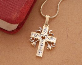 Religious Cross Pendant and Necklace, Hand Cut Religious Cross Medallion, 14 Karat Gold and Rhodium Plated, 1" in Diameter, ( #K 875B )