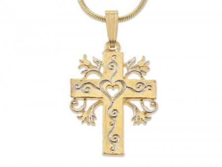 Religious Cross Pendant and Necklace, Hand Cut Religious Cross Medallion, 14 Karat Gold and Rhodium Plated, 1" in Diameter, ( #K 875B )