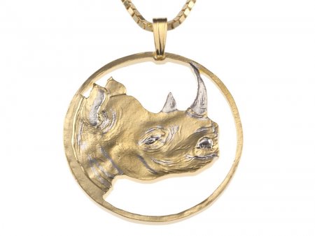 Rhinosaurus Pendant and Necklace, Rritrea African Rhino Coin Hand Cut, 14 Karat Gold and Rhodium plated, 1 1/4" in Diameter, ( #X 907 )