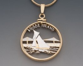 Rhode Island State Quarter Pendant, Hand Cut United States Rhode Island Quarter, 14 Karat Gold & Rhodium Plated, 1" in Diameter,( #K 2013 )