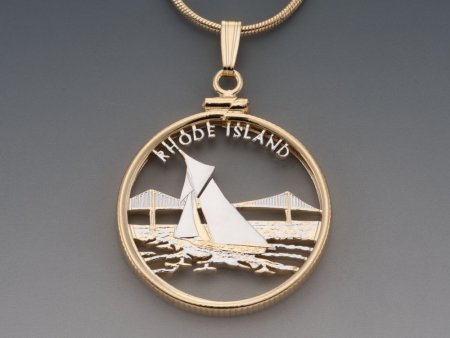 Rhode Island State Quarter Pendant, Hand Cut United States Rhode Island Quarter, 14 Karat Gold & Rhodium Plated, 1" in Diameter,( #K 2013 )