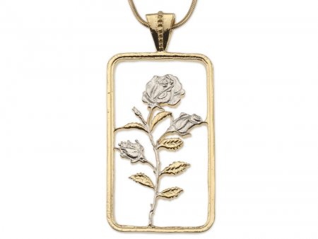 Rose Pendant and Necklace, Hand cut medallion, Plated with 14 Karat and Rhodium, 1 3/4 " long by 1" wide, ( #K 832 )