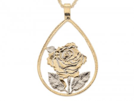 Rose Pendant and Necklace, Private Mint Rose Medallion Hand Cut, 14 Karat Gold and Rhodium Plated, 1 1/4" long, ( #R 670 )