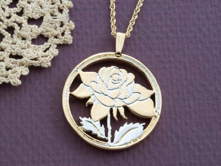 Rose Pendant and Necklace, Rose Medallion Hand Cut, 14 Karat Gold and Rhodium plated, 1 1/8" in Diameter, ( #R 775 )