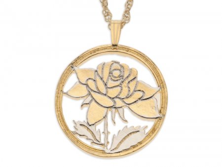 Rose Pendant and Necklace, Rose Medallion Hand Cut, 14 Karat Gold and Rhodium plated, 1 1/8" in Diameter, ( #R 775 )