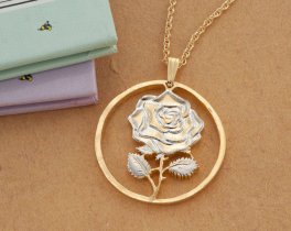 Rose Pendant, Hand Cut Rose Medallion and Necklace, 14 Karat Gold  and Rhodium Plated, 1" in Diameter, ( #R 939 )