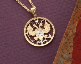 Russian Eagle Pendant and Necklace, Russian 15 Kopeks Coin Hand cut, 14 Karat Gold and Rhodium plated, 3/4" in Diameter, ( #R 269 )