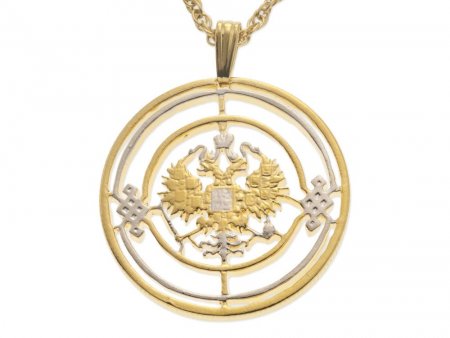 Russian Imperial Eagle Pendant and Necklace, Russian Three Kopec Coin Hand Cut, 14 K Gold and Rhodium Plated, 1 1/8" in Diameter, ( #X 271 )