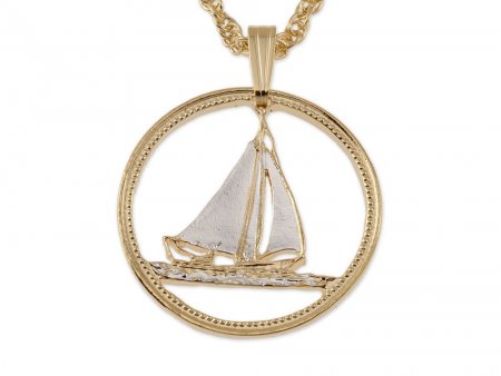 Sailboat Pendant and Necklace, Bahamian 25 Cents Sailboat Coin Hand Cut, 14 Karat Gold and Rhodium plated, 1" in Diameter, ( # R17 )