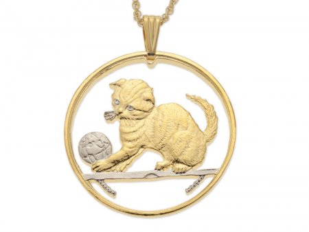 Scottish Fold Cat Pendant and Necklace, Isle Of Man Cat Coin Hand Cut, 14 Karat Gold and Rhodium Plated, 1 1/2" in Diameter, ( #R 709 )