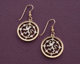 Scottish Lion Earrings, Scotland One Pound Coin Hand Cut,14 K Gold and Rhodium plated,14 K Gold Filled Wires 7/8" in Diameter, ( # 577E )